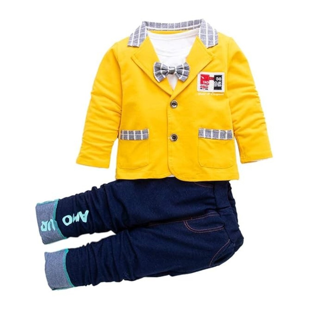 Bold N Elegant Solid Full Sleeve Jacket Coat Blazer with T-Shirt and Denim Blue Trouser Pant 3 Pc Party Suit Set for Little Boys