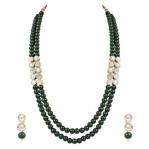 Jewels 18K Gold Plated Traditional Stunning White Stone Studded Layered Pearl Necklace Jewellery Set with Earrings For Women and Girls