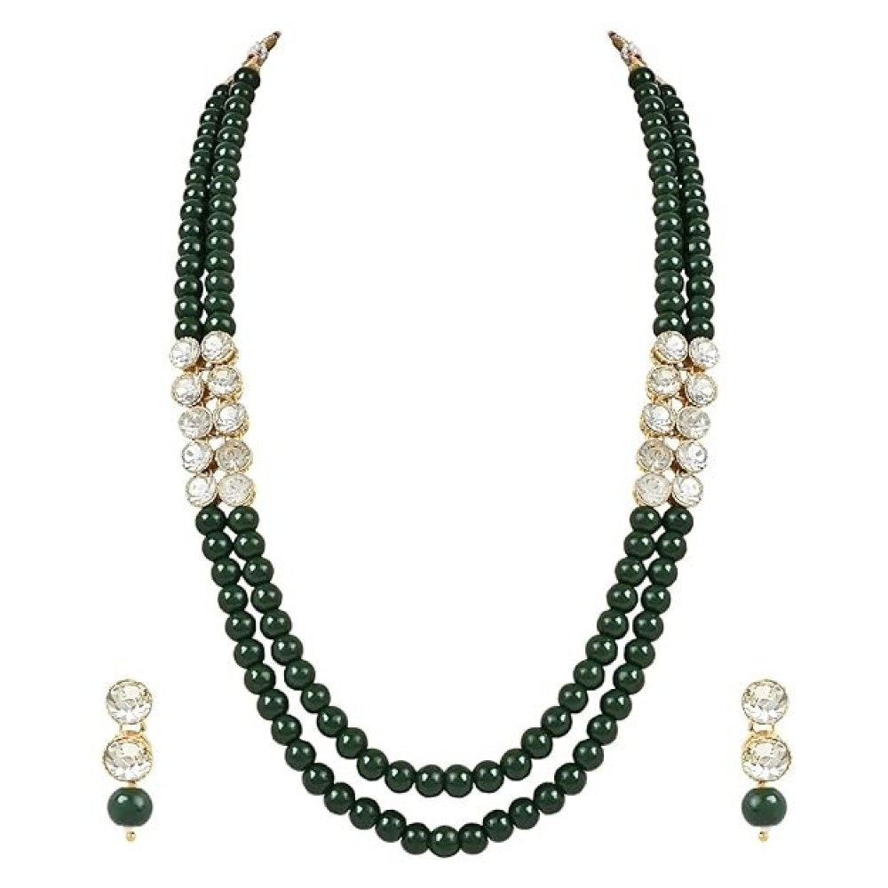 Jewels 18K Gold Plated Traditional Stunning White Stone Studded Layered Pearl Necklace Jewellery Set with Earrings For Women and Girls