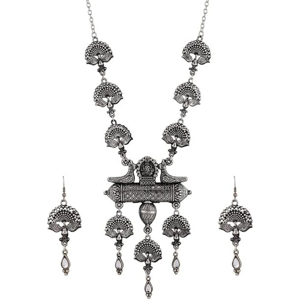 Shining Diva Fashion Latest Stylish Traditional Oxidised Silver Necklace Jewellery Set for Women (13160s)