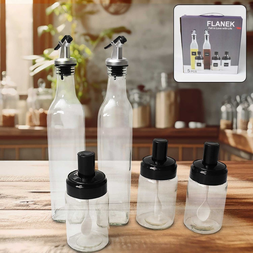 10011 Transparent Glass oil Dispenser 500 Ml Bottle Set Of 2 Spice Jar 250 Ml Set Of 3 Oil Bottle For Kitchen Oil Vinegar Storage Glass Bottle Glass Container For Spice Masala (5 Pcs Set)