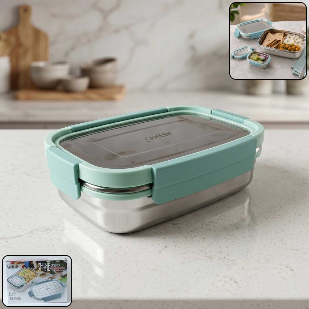 Ganesh Shine 750 Stainless Steel Lunch Box Set With Small Side Container (1 Set)