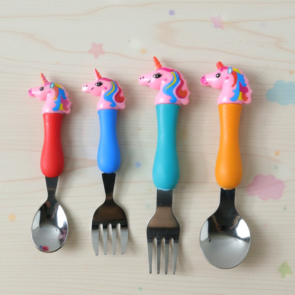 Unicorn Theme Kids Spoon and Fork Set 4 Pc Stainless Steel Cutlery Set with Cartoon Handle Design for Children Lunch Dinner and School Tiffin Use