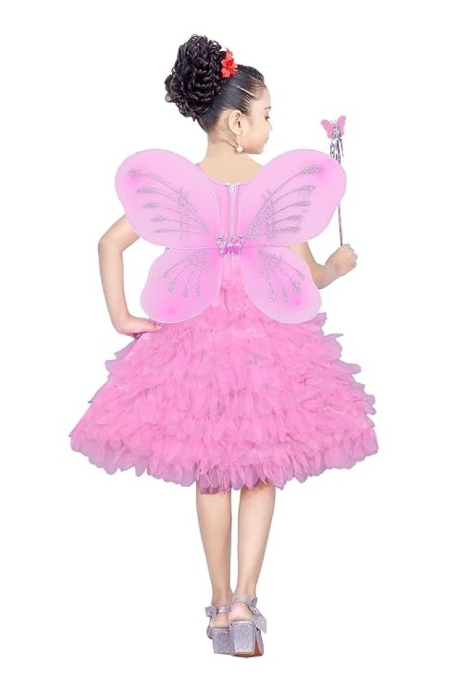 A.S POPULAR DRESSES Net Casual Knee Length Cute Frill Fairy Frock Dress with Wings, Fairy Stick and Head Band for Girls Kids