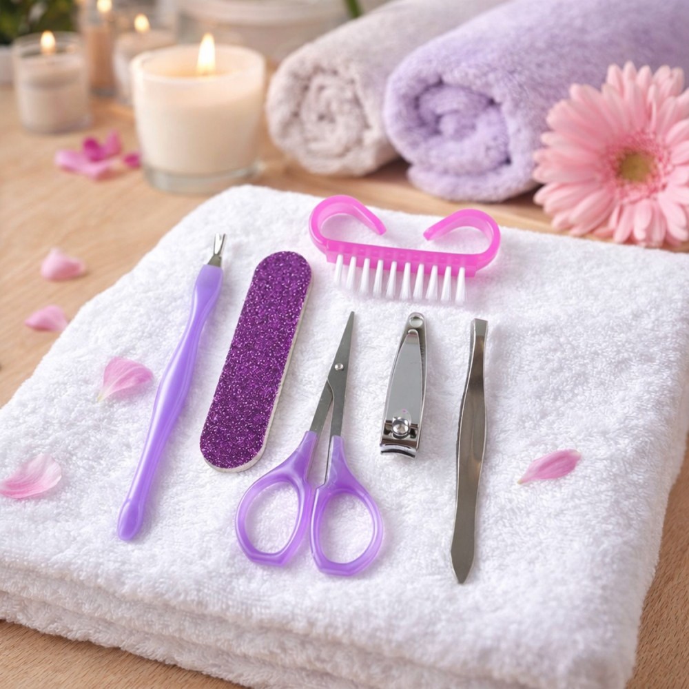 6 In 1 Manicure Pedicure Nail Care Kit with Nail Cutter, Nail Scissors, Nail File, Cuticle Remover, Tweezers and Nail Cleaning Brush for Personal Nail Grooming and Beauty Care